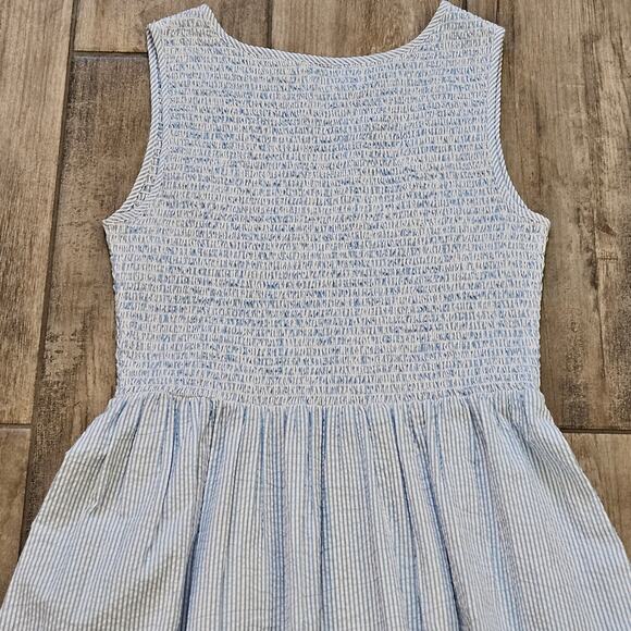 The Margot Dress Size M  Blue Seersucker Smocked Bodice Maxi Flutter Hem Pockets - Picture 9 of 12